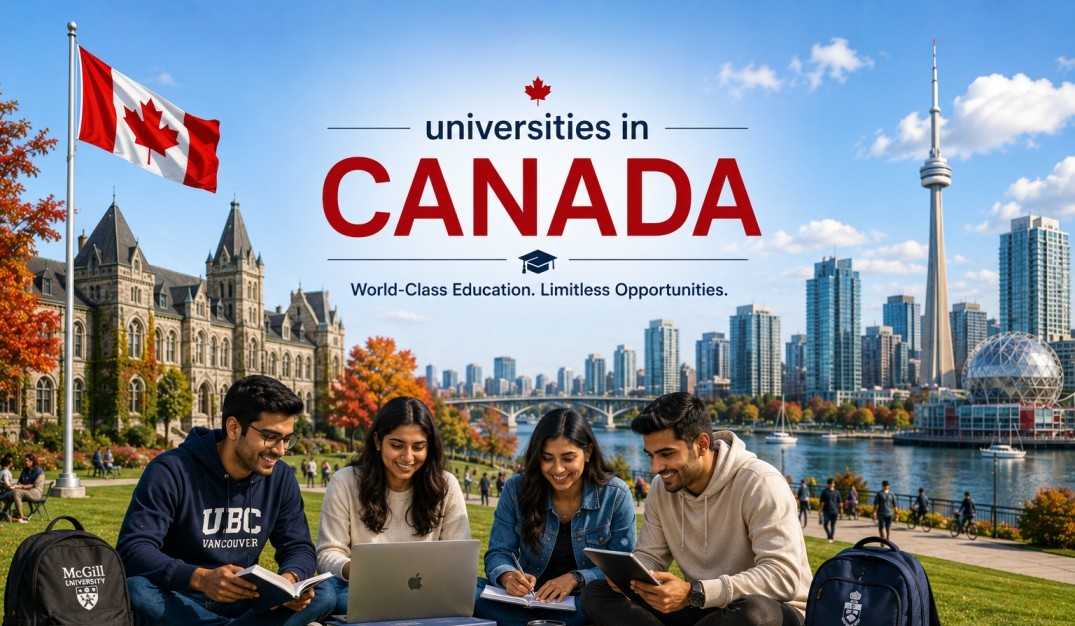 Indian students studying on a Canadian university campus with iconic city landmarks, representing Universities in Canada for international students.