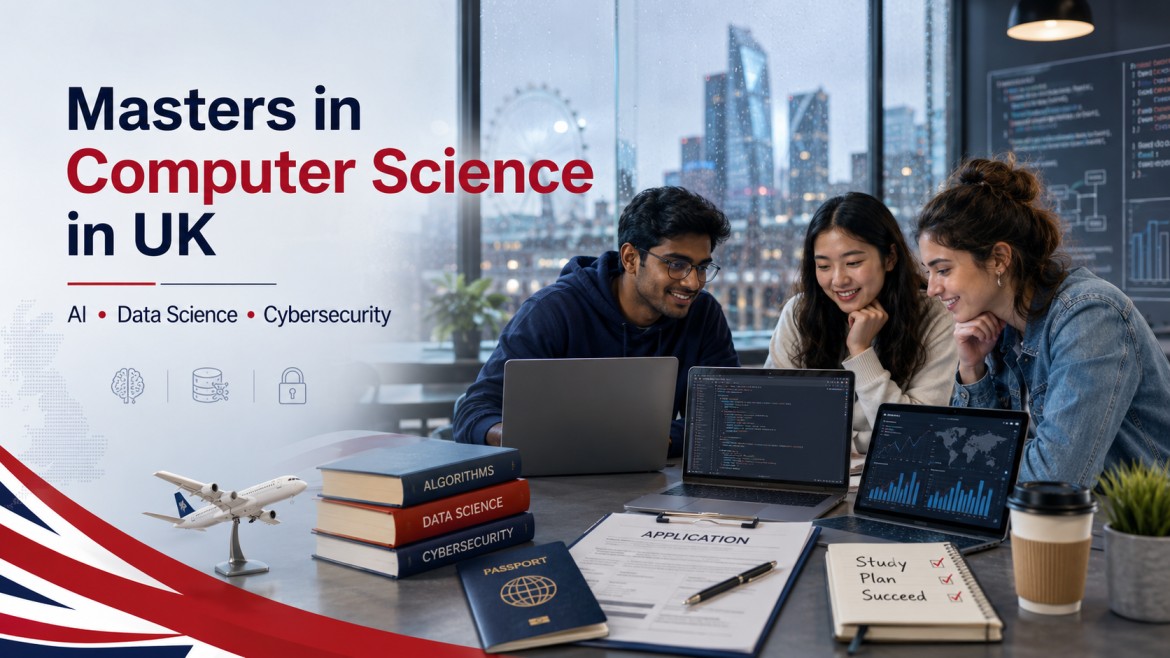 International students working on laptops with programming screens, application documents, passport, books, and UK-themed visuals highlighting AI, data science, and cybersecurity.