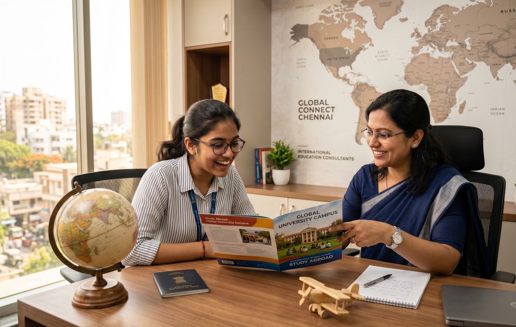 Counsellor at Study Abroad Consultants in Chennai guiding an aspiring student
