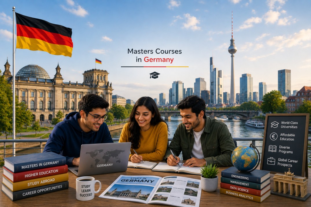 Indian students studying masters courses in Germany with Berlin skyline, German university campus, study materials, and modern academic environment.