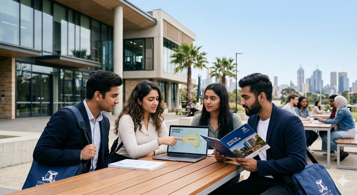 Four diverse young adults, three wearing blue university blazers and two carrying university tote bags, are seated at a wooden picnic table outside. They are gathered around a laptop, with one woman pointing to a map of Australia on the screen labeled "UNIVERSITY OPTIONS." Next to her, a man holds an open brochure titled "STUDY IN AUSTRALIA." All four are engaged in a discussion about educational opportunities, with modern campus buildings and a distinct city skyline visible in the background under a clear sky.