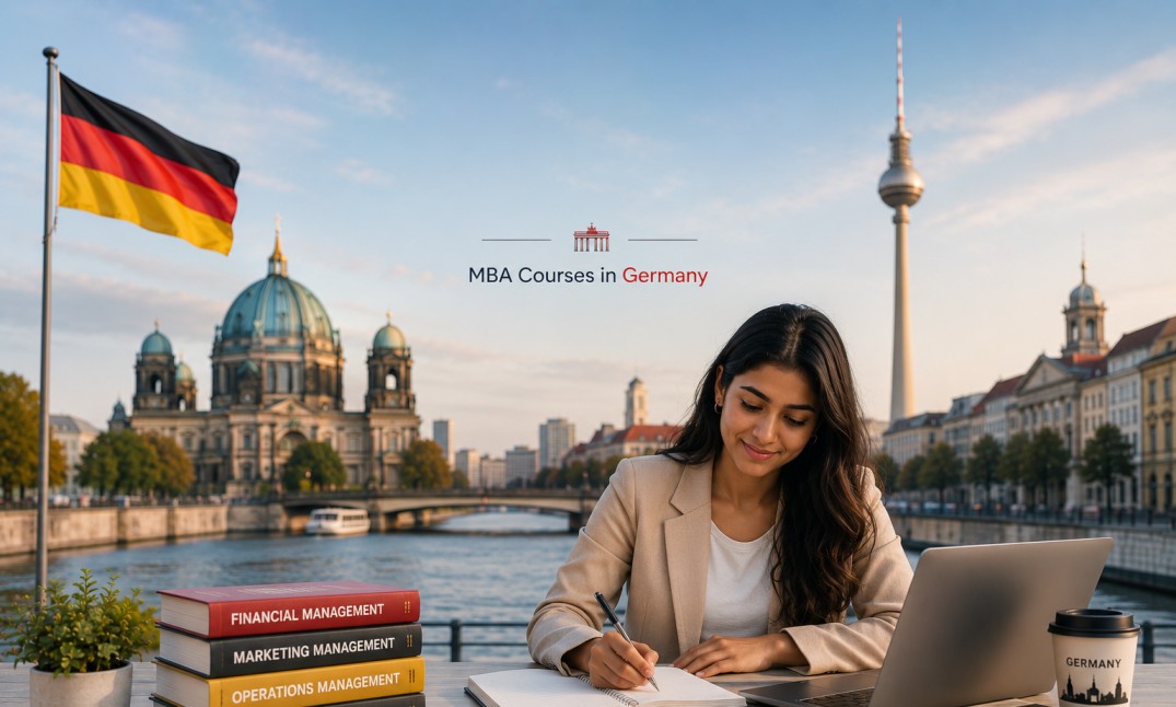 an Indian student studying with Berlin landmarks, a modern business study setup, and a premium German university environment.
