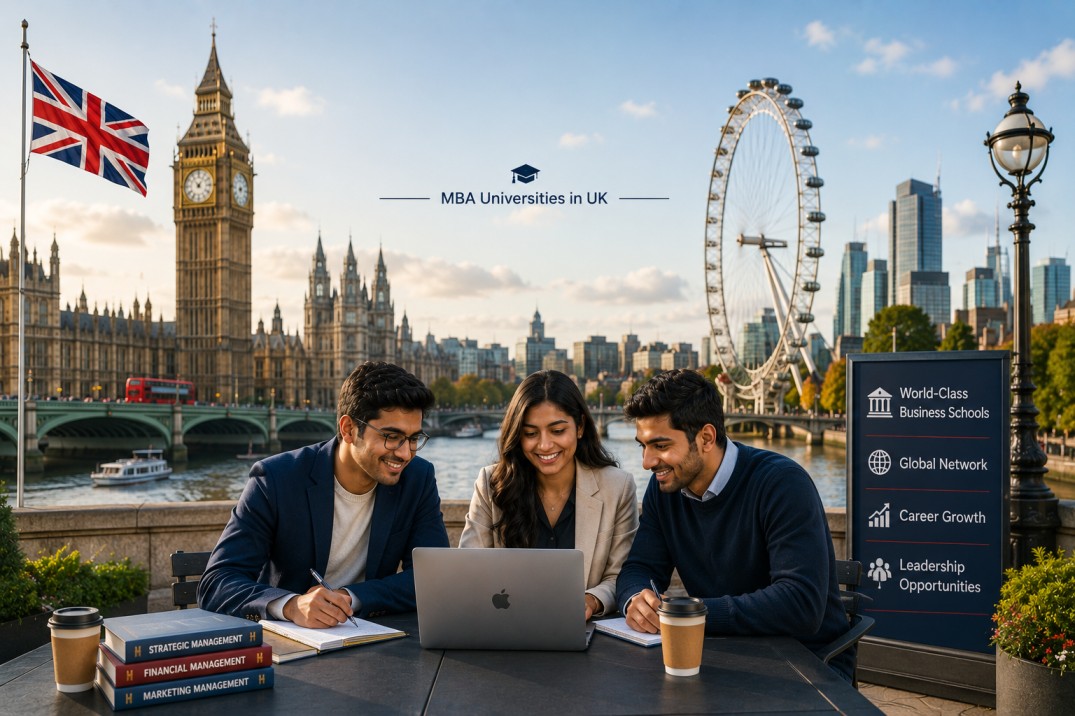 Indian students studying with Big Ben, the London Eye, and the London skyline, representing top UK business schools for international students.