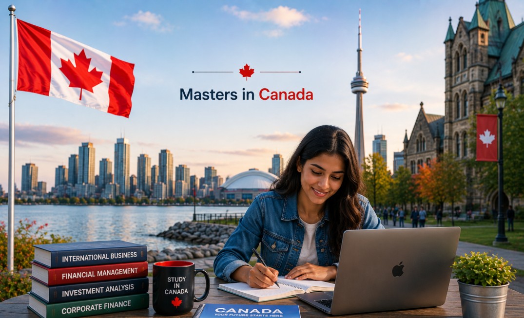 an Indian student studying outdoors with the Toronto skyline, Canadian landmarks, and a premium study abroad setting.
