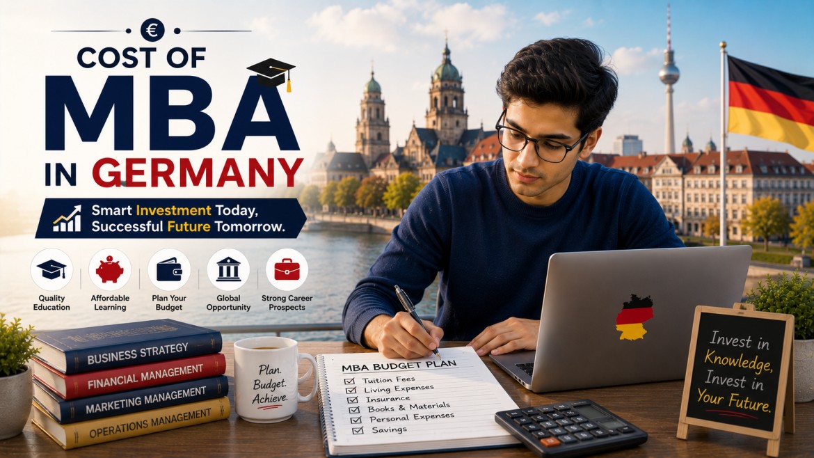 An international student planning higher education expenses with a laptop, calculator, notebook, business books, and a German city skyline in the background, representing smart financial planning and global career opportunities through an MBA in Germany.