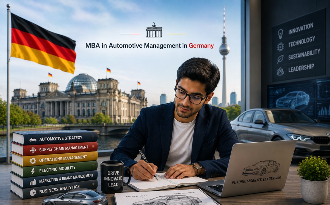 an Indian student with automotive design models, a modern German university setting, and iconic Berlin landmarks.