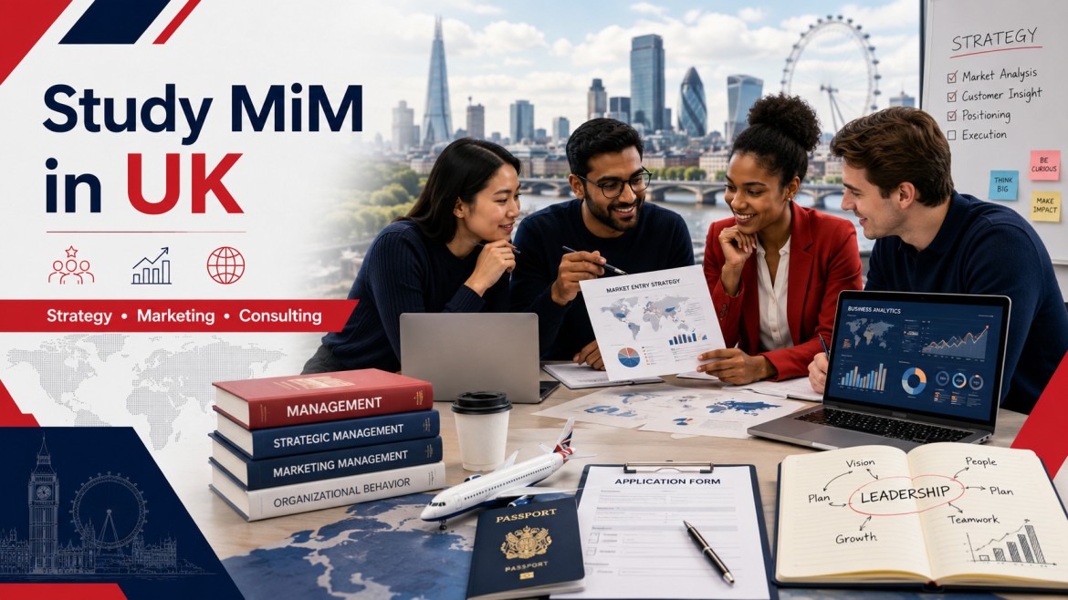 International students discussing business strategy, leadership planning, application documents, passport, laptops, management books, and London city skyline in the background.