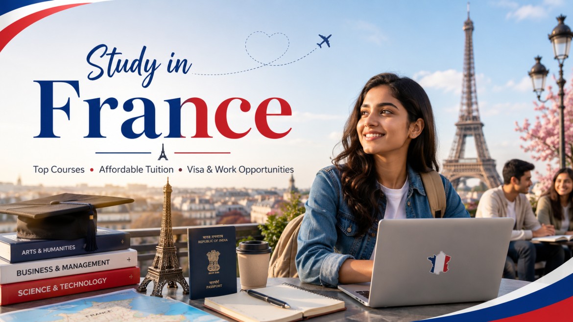 A smiling international student with a laptop, the Eiffel Tower in the background, and study-related items like books, a passport, and a graduation cap, highlighting top courses, affordable tuition, and visa and work opportunities.