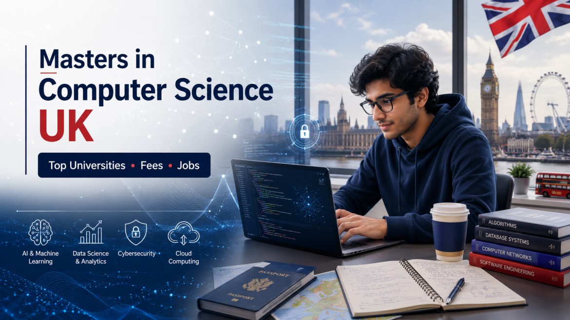 An Indian student coding on a laptop with London skyline, UK flag, passport, notebooks, and icons for AI, data science, cybersecurity, and cloud computing.