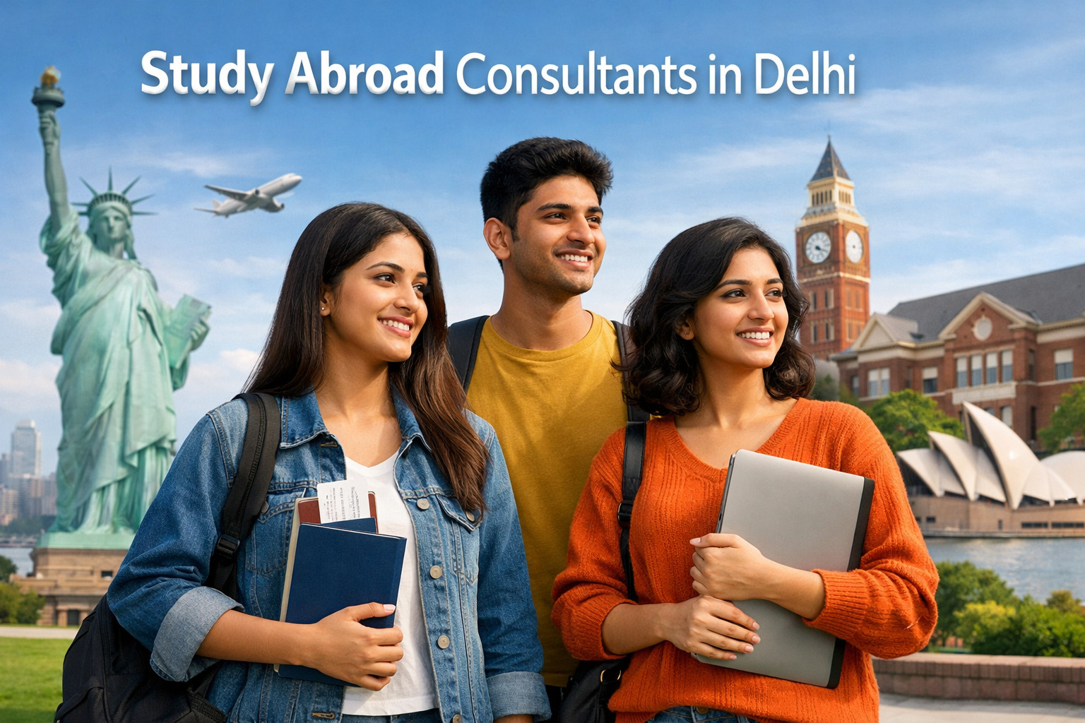A premium consultation session with study abroad consultants in Delhi. A group of four South Asian Indian students and advisors sit around a modern wooden desk in a corporate Delhi office with glass windows overlooking the city skyline. They are reviewing international university brochures, global maps, and a laptop displaying study abroad options.