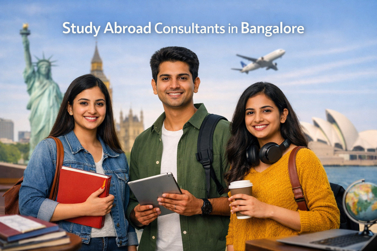 Three Indian students smiling outdoors with international landmarks like Big Ben, the Statue of Liberty, and the Sydney Opera House in the background, with bold white text reading ‘Study Abroad Consultants in Bangalore’ at the top center.