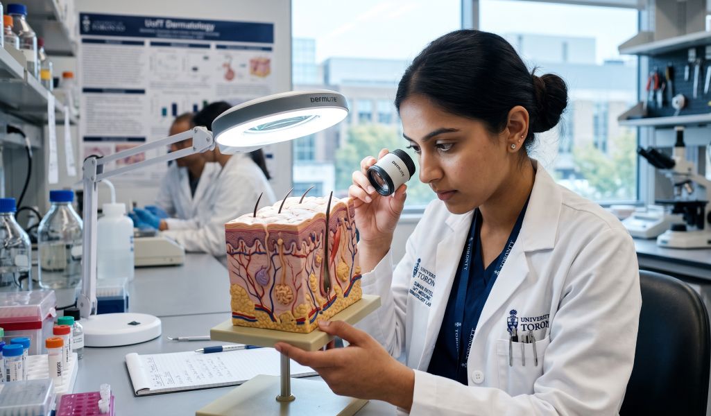 Student preparing for her dermatology exam and examining the result in the lab