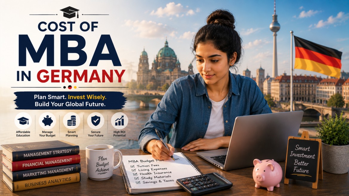 An international student planning an MBA budget with a laptop, notebook, calculator, business books, and German city landmarks in the background, representing affordable education, financial planning, and global career opportunities in Germany.