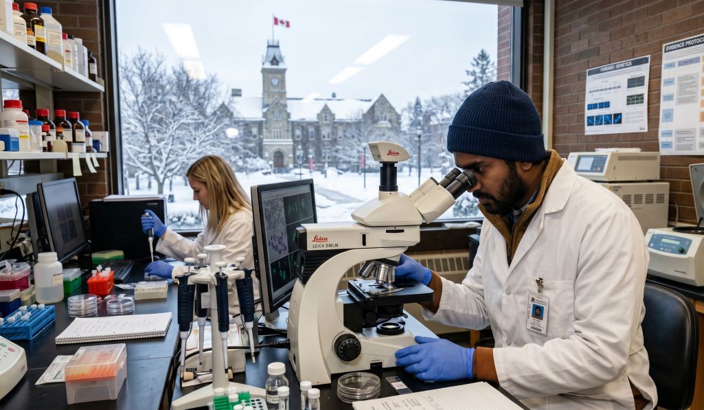 A student pursuing masters in Forensic Science in Canada, working in a biology lab.