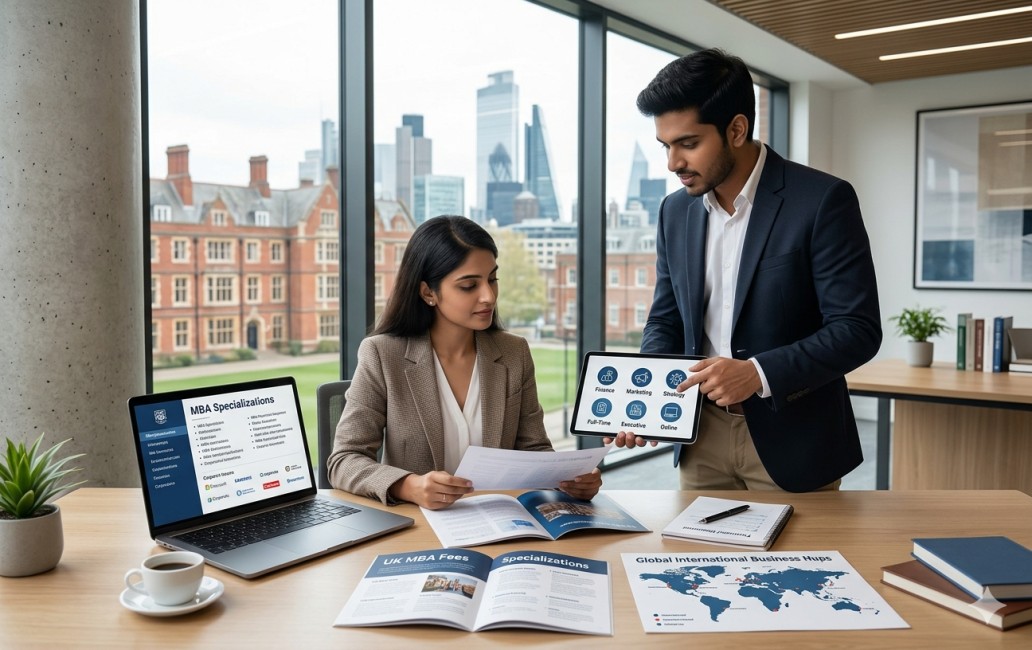 A clean, modern, premium editorial-style hero image inside a prestigious UK university, featuring a small diverse group of realistic Indian students (male and female) in professional casual attire. They are engaged in planning and discussing MBA options at a desk with large windows overlooking a combination of classic red-brick architecture and a dynamic modern city skyline, suggesting global scope.