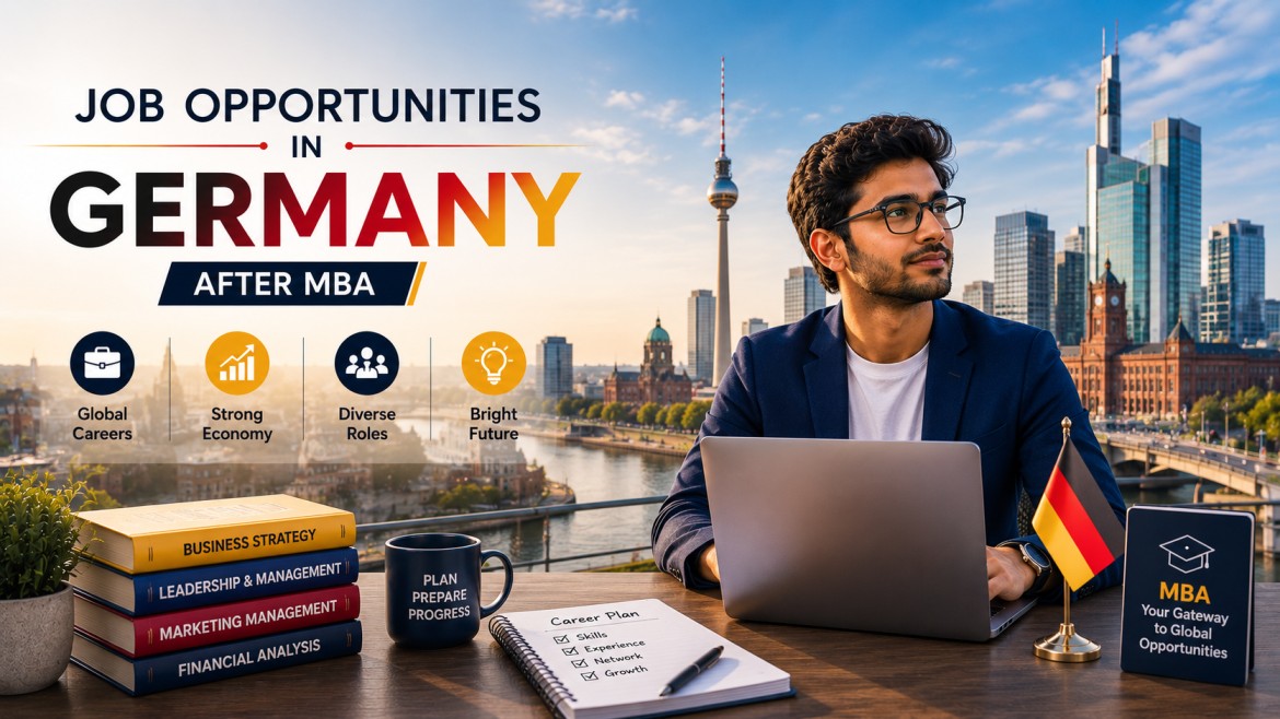 An international MBA graduate working on a laptop with Germany skyline, business strategy books, career planning notes, and professional growth elements, highlighting post-MBA career opportunities in Germany.