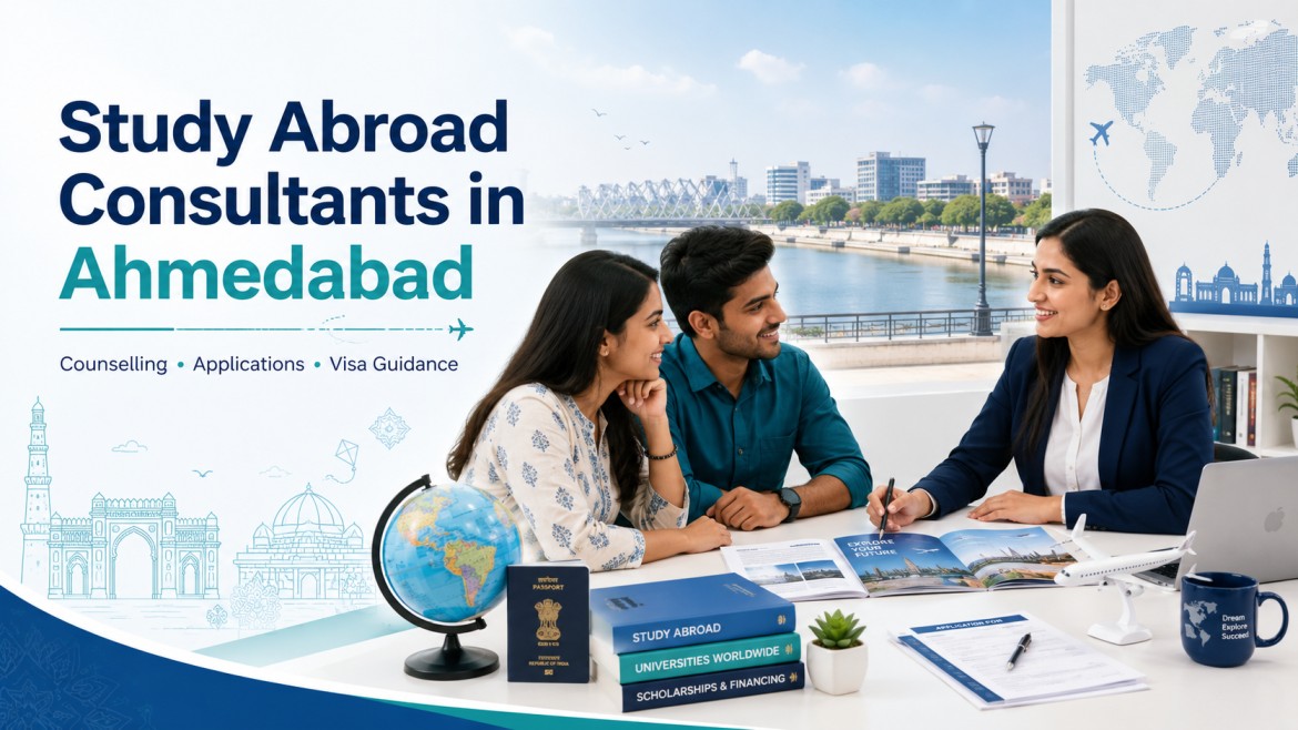 A professional consultant guiding two Indian students with application forms, visa documents, a globe, passport, books, and airplane model, with the Sabarmati Riverfront and Ahmedabad skyline in the background.