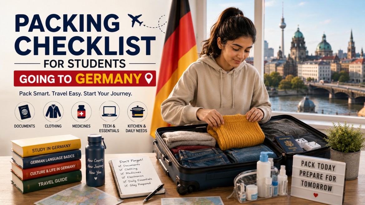 An international student packing a suitcase with travel documents, passport, laptop, medicines, clothes, and study essentials, with German landmarks in the background, representing smart preparation for studying in Germany.