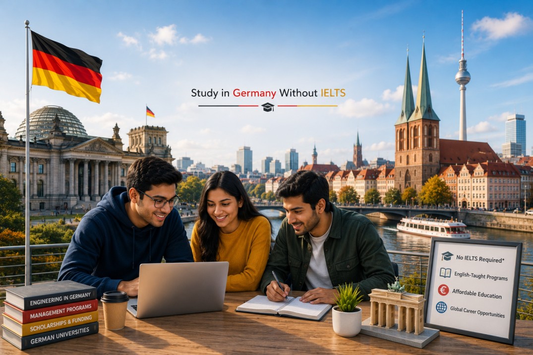 Indian students studying in Germany without IELTS with Berlin skyline, German landmarks, laptop, and modern university study environment.