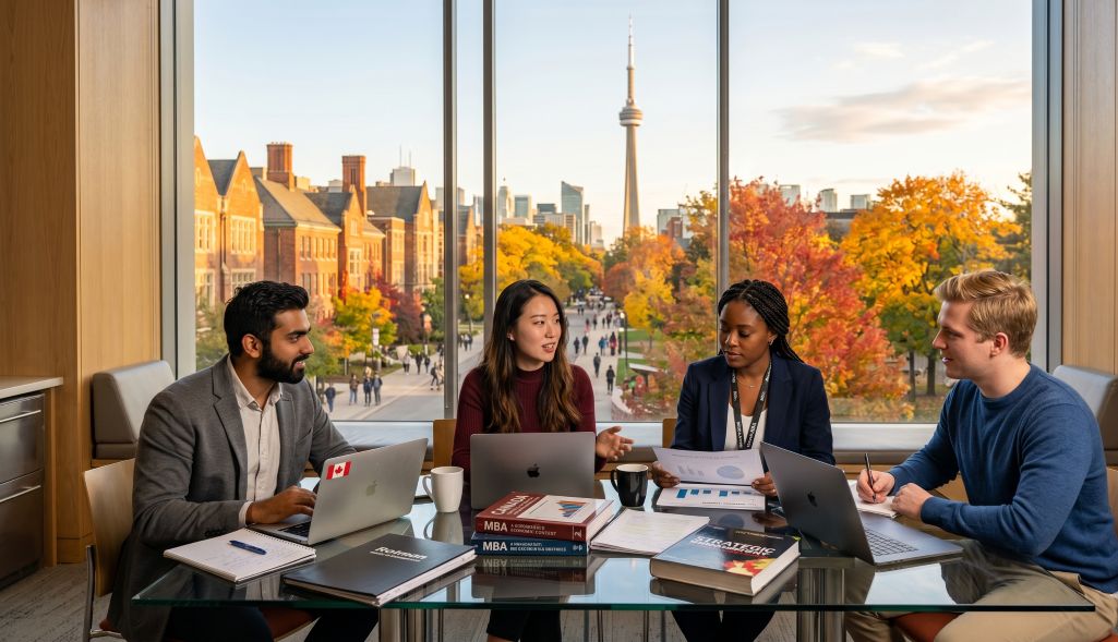 Students studying in a Canadian university campus, while managing their costs efficiently for their MBA.