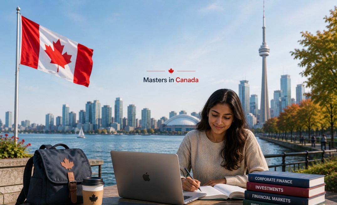 An Indian student studying with the Toronto skyline, CN Tower, and a modern Canadian university environment in the background.