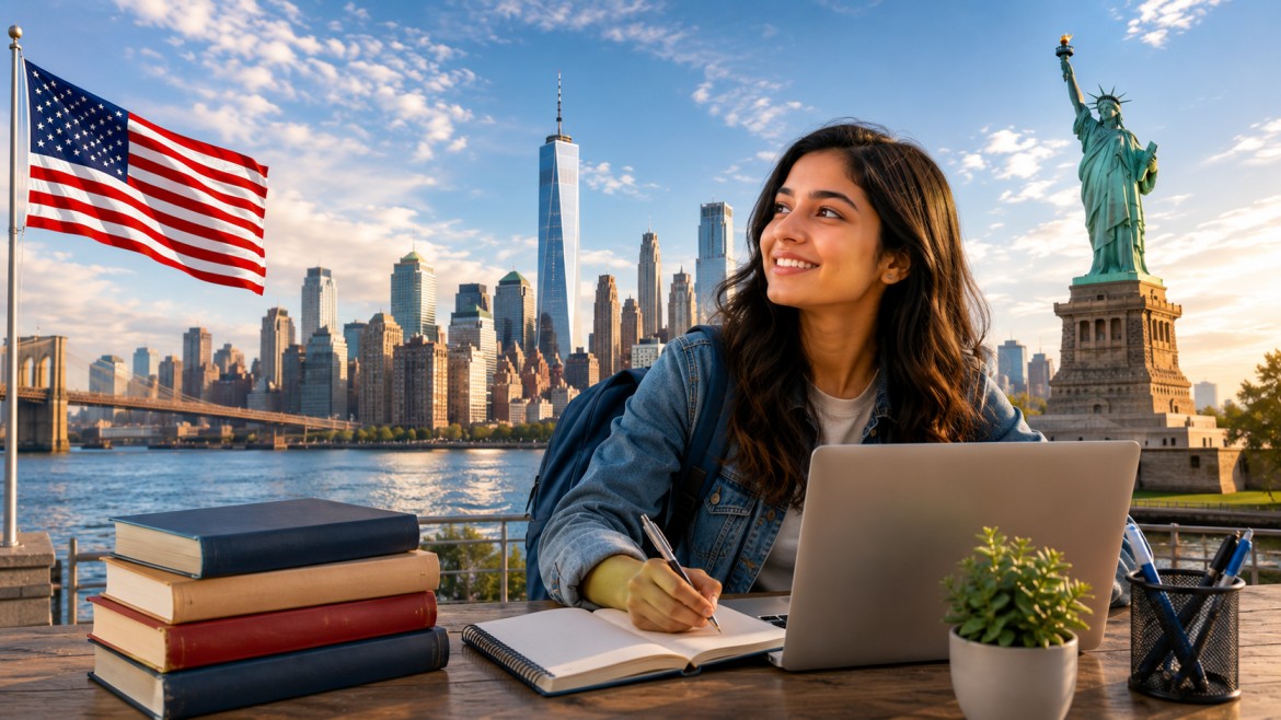 an international student studying with a laptop and notebook against an iconic American skyline featuring the Statue of Liberty and city waterfront, representing global education opportunities, academic growth, and student life in the United States.