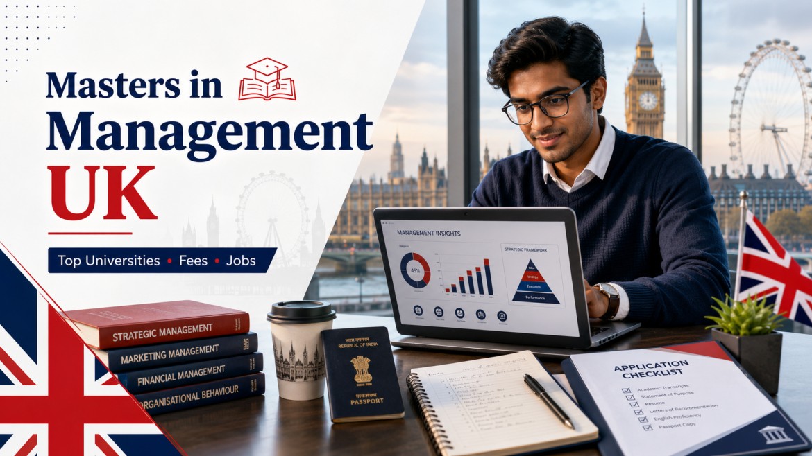 An Indian student reviewing management analytics on a laptop, with UK-themed visuals, passport, application checklist, strategy books, and London skyline in the background.