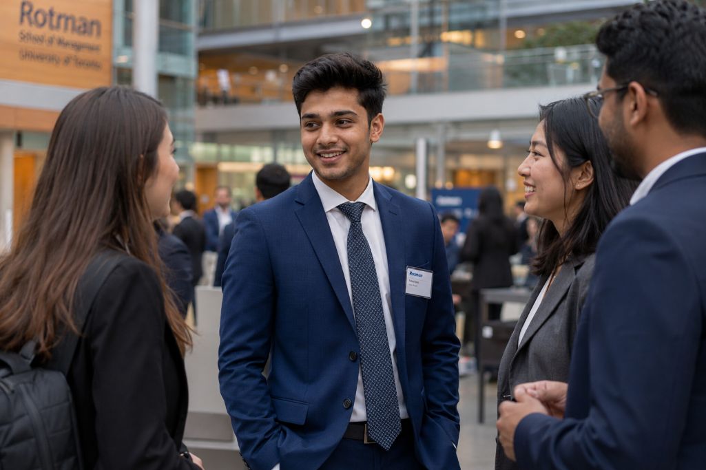 Students pursuing their MBA in Toronto, Canada and discussing about their projects