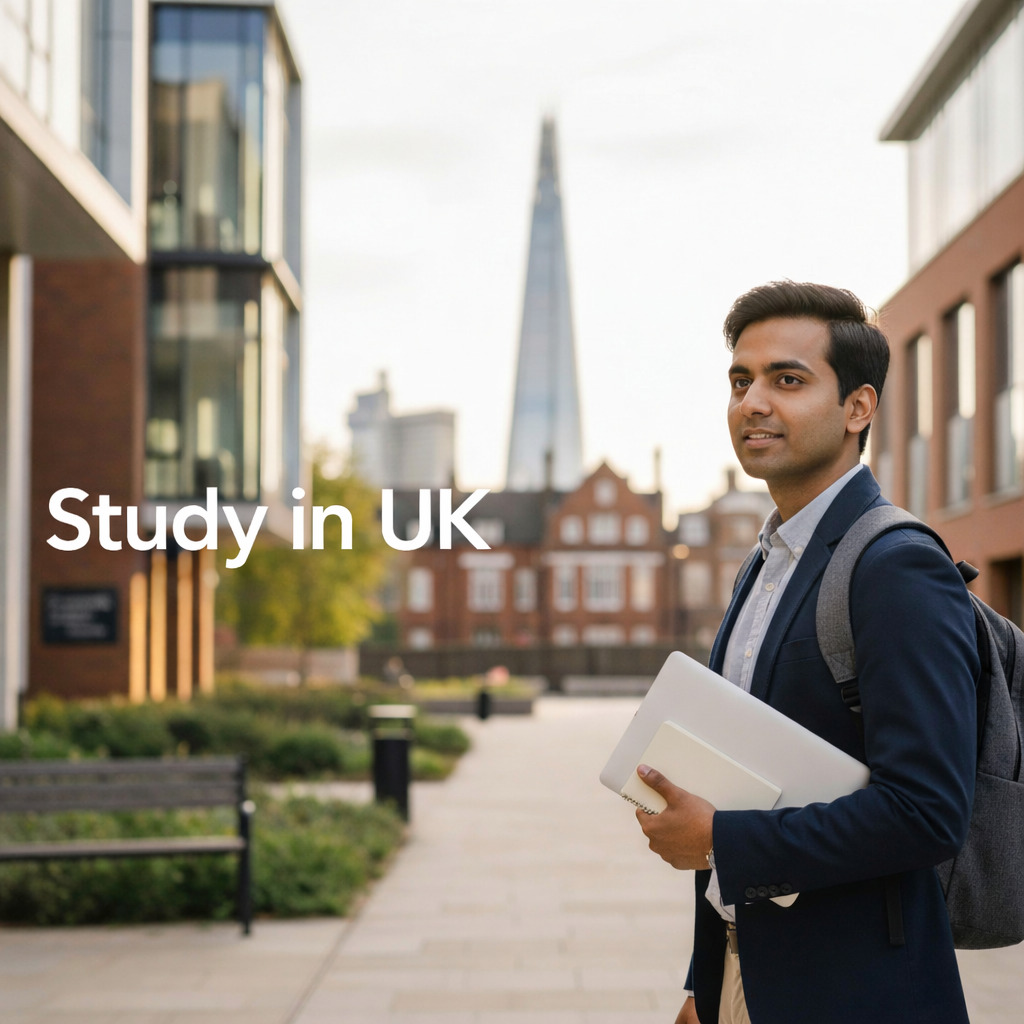 A young man wearing a blazer and backpack stands outdoors on a modern university campus in London, holding a laptop and notebook. The Shard skyscraper is visible in the background, and the text “[study in UK]” appears on the left side of the image.