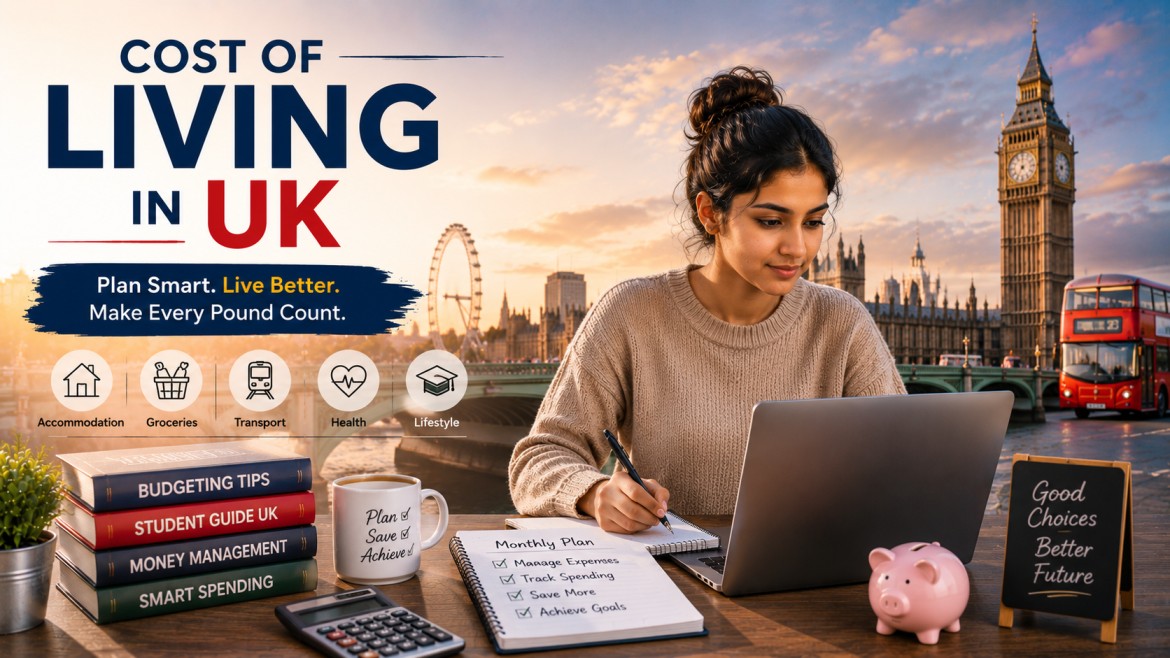 an international student planning a monthly budget on a laptop with a calculator, notebook, piggy bank, coffee mug, and iconic London landmarks in the background, representing everyday student expenses and smart financial planning in the UK.