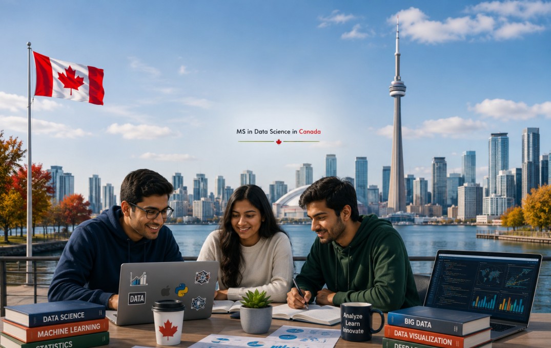 Indian students studying data science in Canada with Toronto skyline, laptop analytics dashboard, data science books, and Canadian flag in the background.