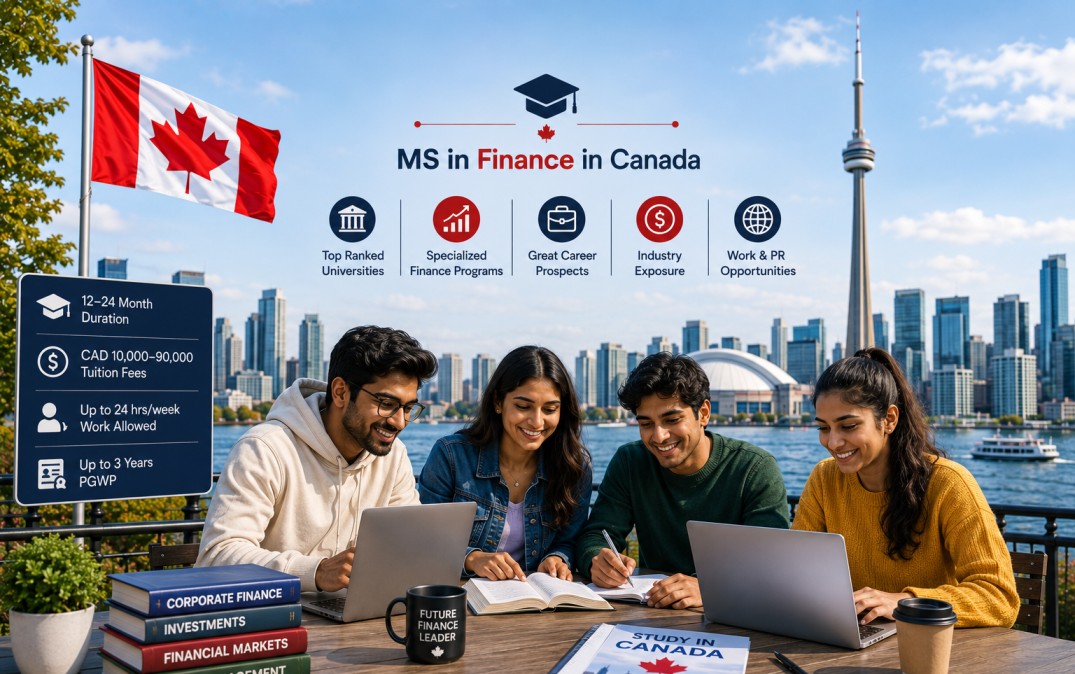 Indian students studying in Toronto, featuring Canadian skyline, finance books, and career-focused education visuals.