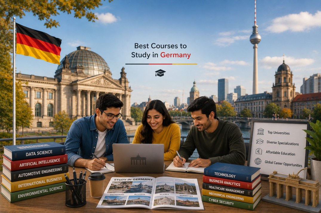 Indian students exploring the best courses to study in Germany with Berlin skyline, German university campus, study materials, and modern academic setting.