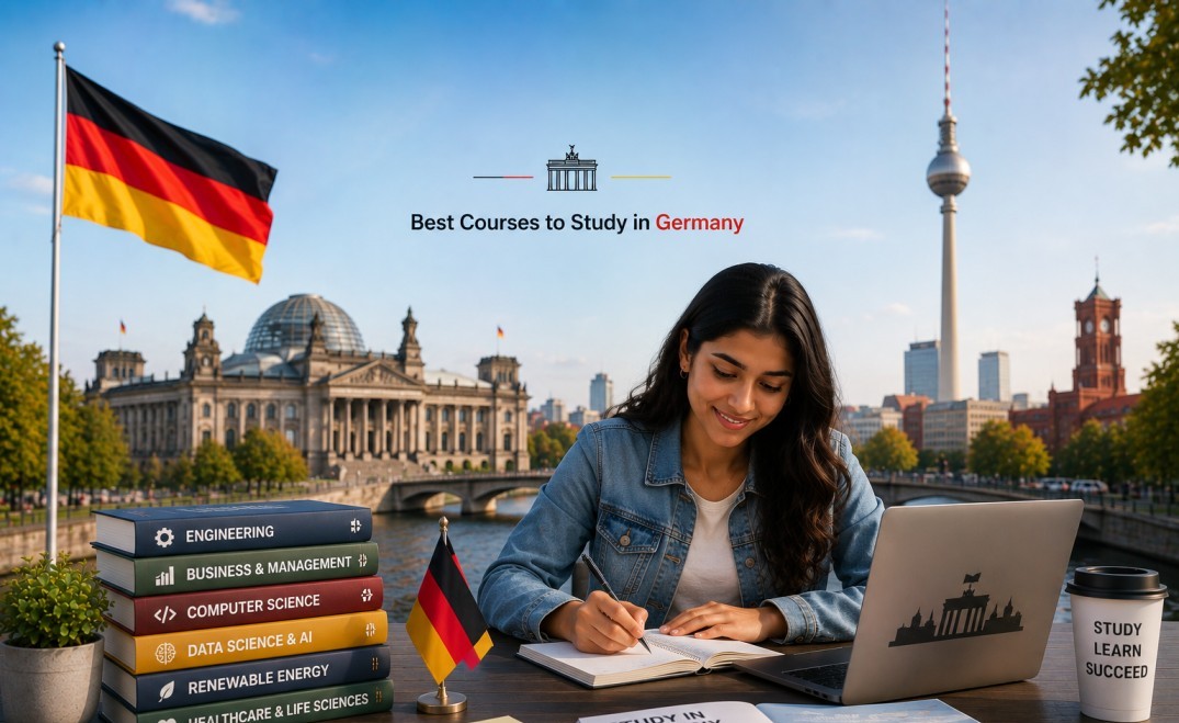 an Indian student studying in Berlin with German landmarks, course books, and study abroad visuals.