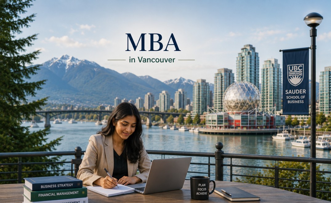 Indian MBA student studying outdoors with Vancouver skyline and mountains, representing MBA in Vancouver for international students.