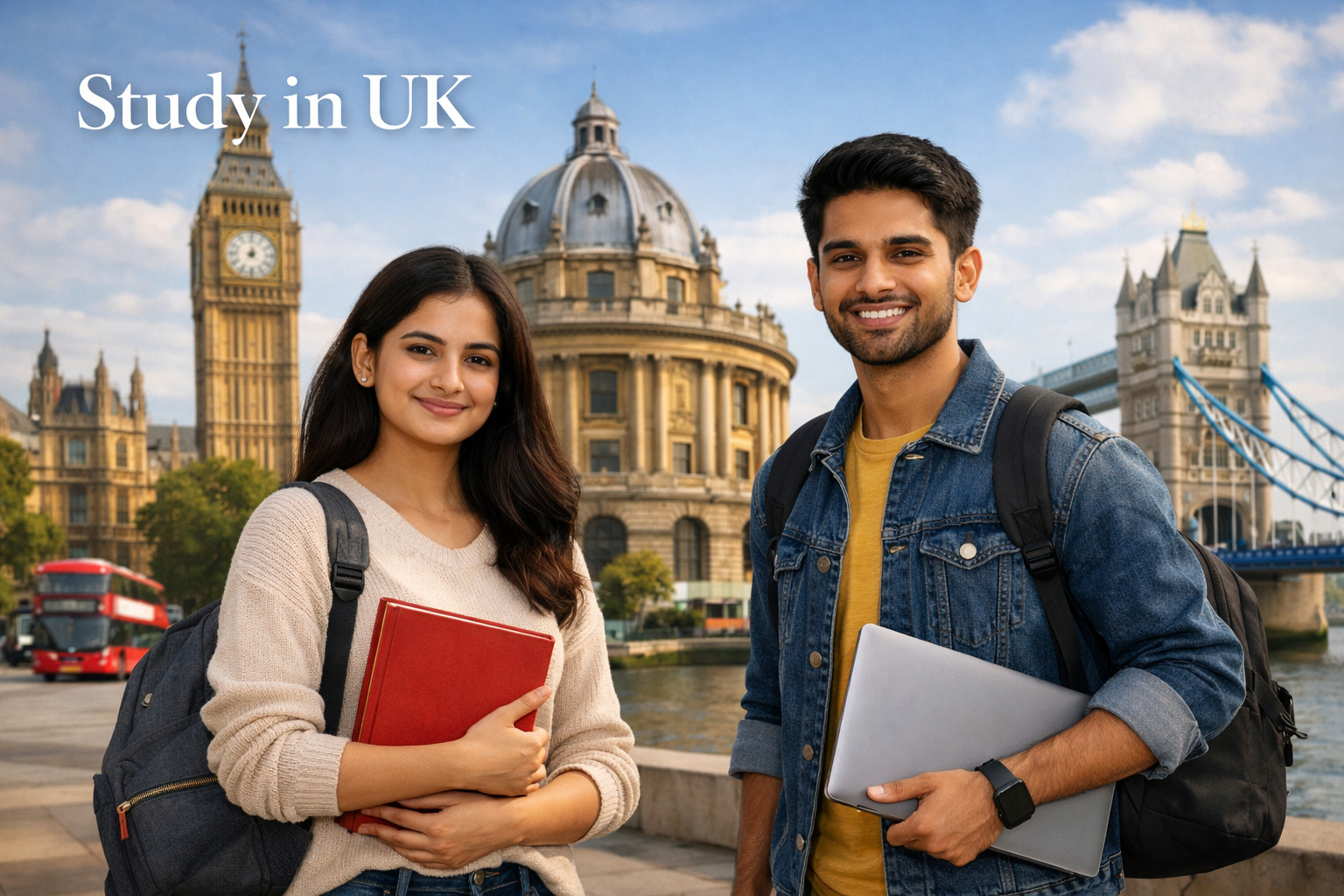 Two Indian students smiling in front of iconic UK landmarks including Big Ben, the Radcliffe Camera, and Tower Bridge, with “Study in UK” text in the top left corner.