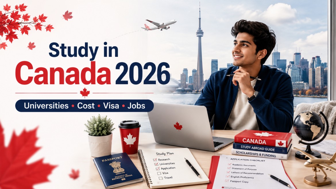 an Indian student planning overseas education with a laptop, passport, application checklist, books, globe, maple leaves, and Toronto skyline in the background.