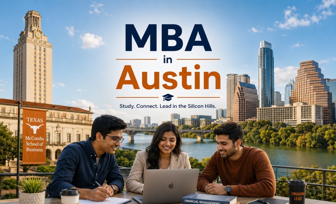 ndian MBA students collaborating outdoors with the Austin skyline and University of Texas-inspired campus architecture, representing MBA in Austin and the city's technology-driven business ecosystem.