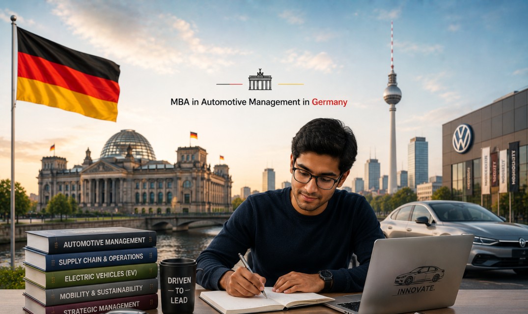 an Indian student studying near Berlin landmarks, featuring automotive management books, EV visuals, and German industry elements.