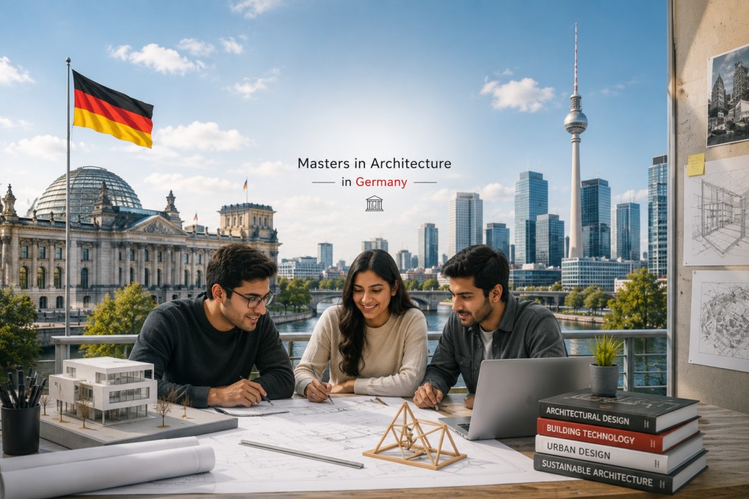Indian architecture students designing building plans in Germany with Berlin skyline, German flag, architectural model, and studio workspace.