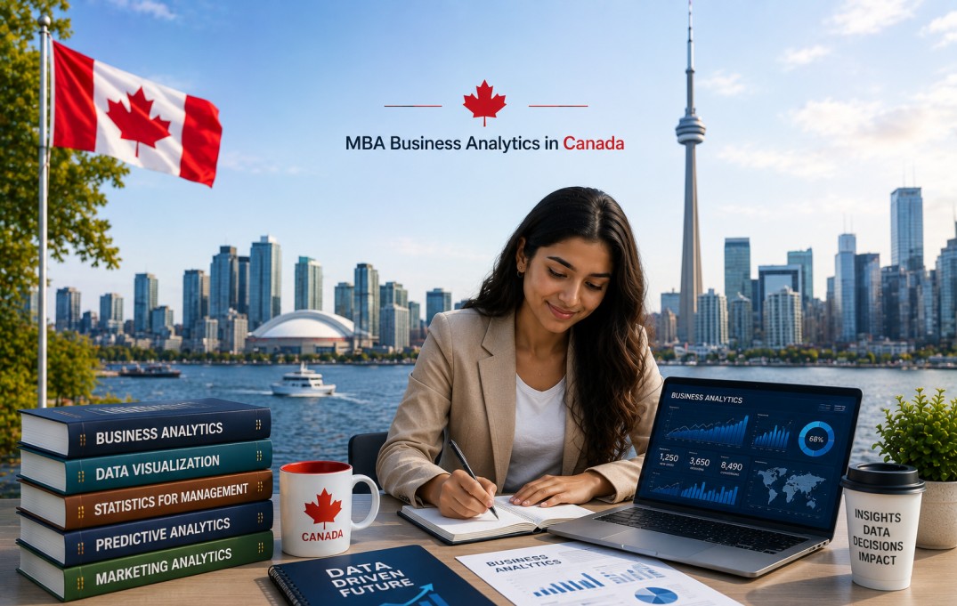 an Indian student studying with a Toronto skyline, analytics dashboard, business books, and data-focused education visuals.