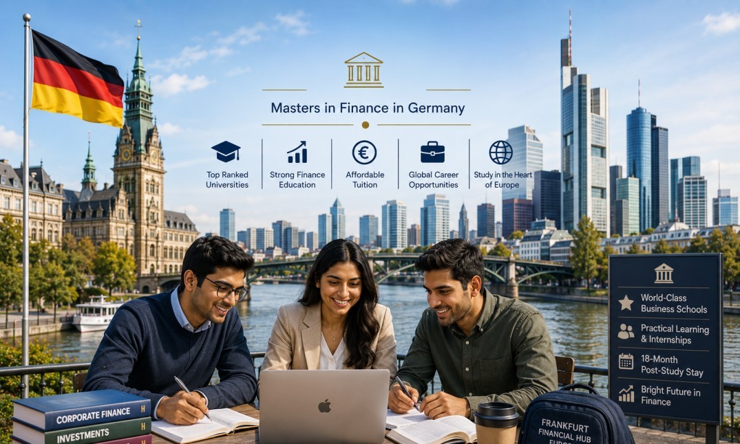 Indian students studying in Frankfurt, featuring Germany’s financial skyline, finance books, and business education visuals.