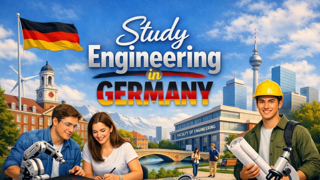 Study engineering in Germany with students, engineering tools, German skyline, campus buildings, and technical study elements.