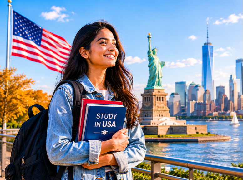 Indian female student holding books near the Statue of Liberty in New York City, with the Manhattan skyline in the background, representing study abroad opportunities in USA.