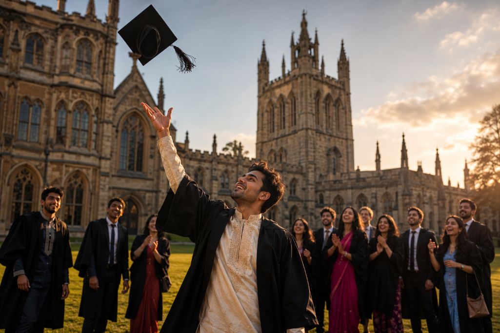 Students enjoying the completion of his masters in UK with his family