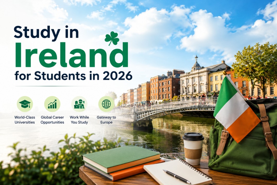 A bright Dublin cityscape with a river bridge, books, notebook, coffee cup, and a backpack with an Irish flag, alongside the headline “Study in Ireland for Students in 2026,” representing higher education opportunities in Ireland.