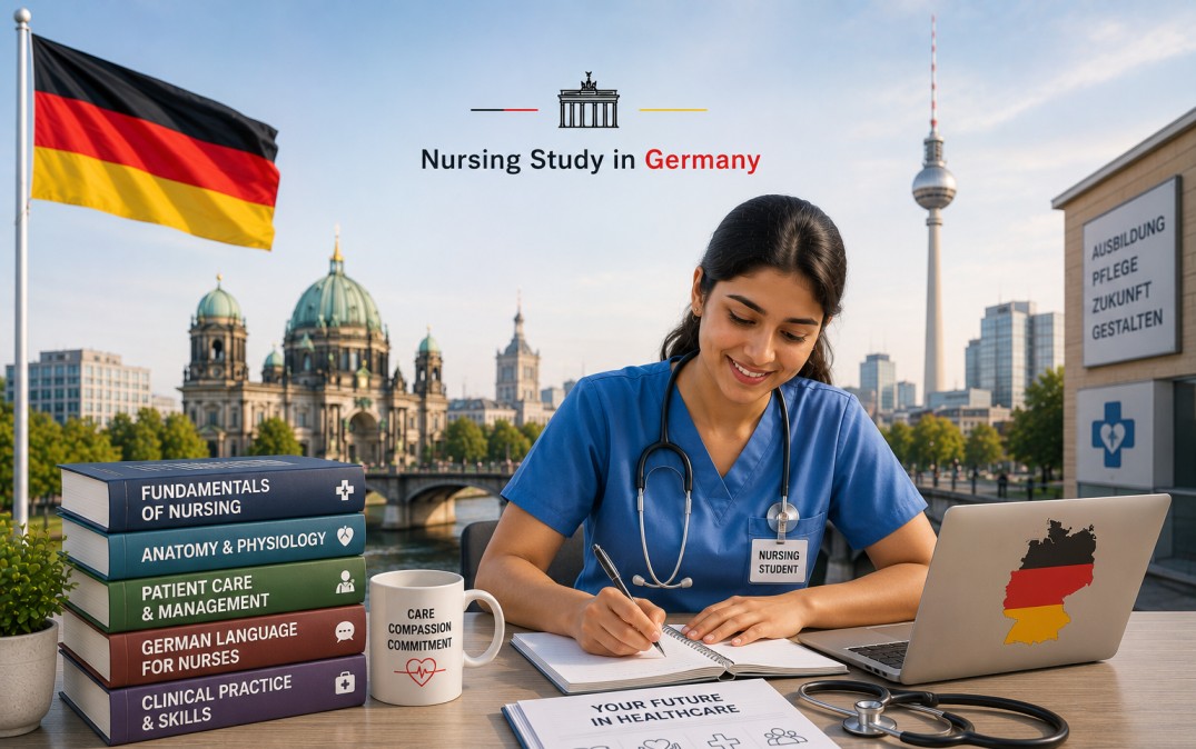 an Indian nursing student studying with a modern German healthcare education setting, Berlin landmarks, and clinical training elements.