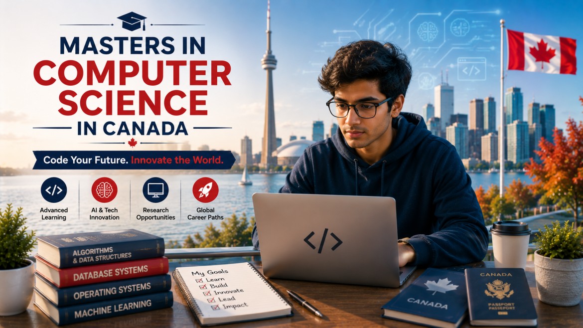 an international student coding on a laptop with computer science books, study planner, passport, and the Canadian skyline in the background, representing advanced technology education, innovation, and global career opportunities in Canada.