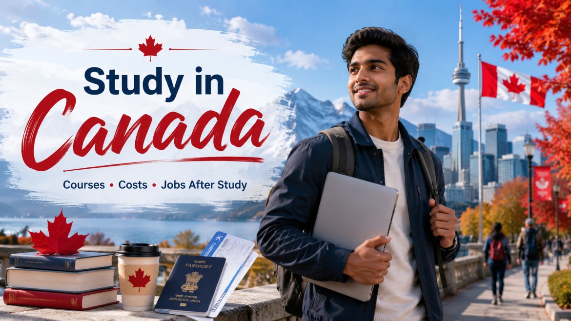 An Indian student holding a laptop in front of a Canadian city skyline, maple leaf flag, passport, travel ticket, books, and study abroad essentials.