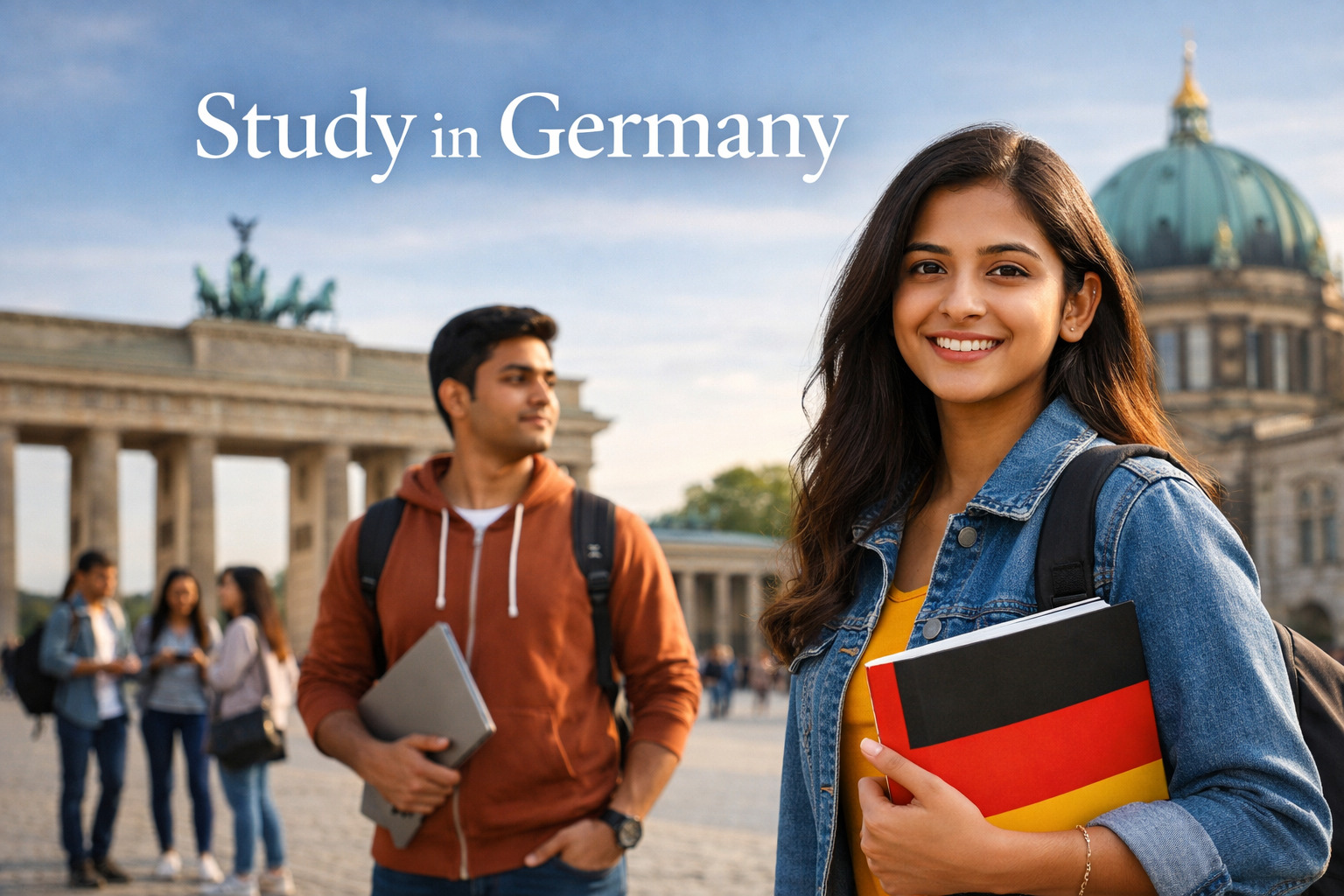 Indian female student smiling in front of the Brandenburg Gate and Berlin Cathedral, holding books and a German flag folder, with “Study in Germany” text overlay — modern editorial‑style hero image for study abroad article.